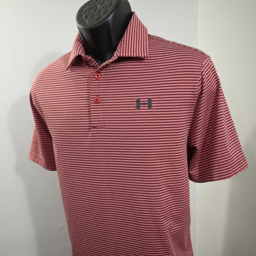 Under Armour Golf Polo Mens Medium Loose Red Gray Striped HeatGear Short Sleeve